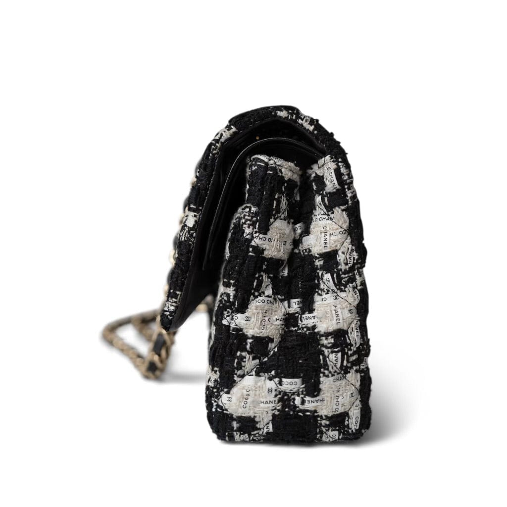 20S Black White Houndstooth Tweed Quilted Classic Flap Medium LGHW