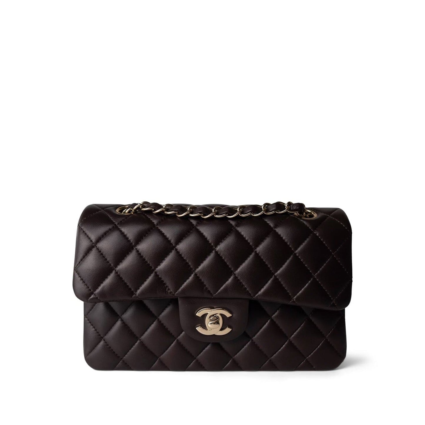 21A Dark Brown Lambskin Quilted Classic Flap Small LGHW