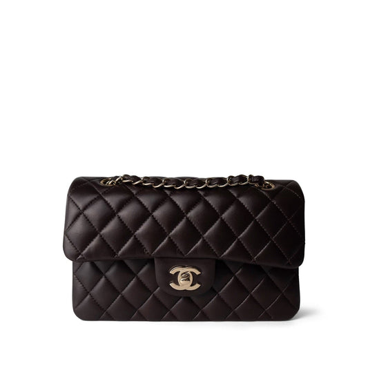21A Dark Brown Lambskin Quilted Classic Flap Small LGHW