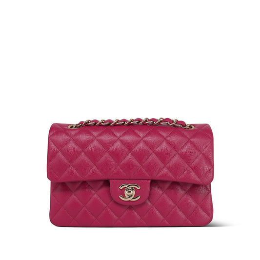 21A Dark Pink/Raspberry Caviar Quilted Classic Flap Small Light Gold Hardware
