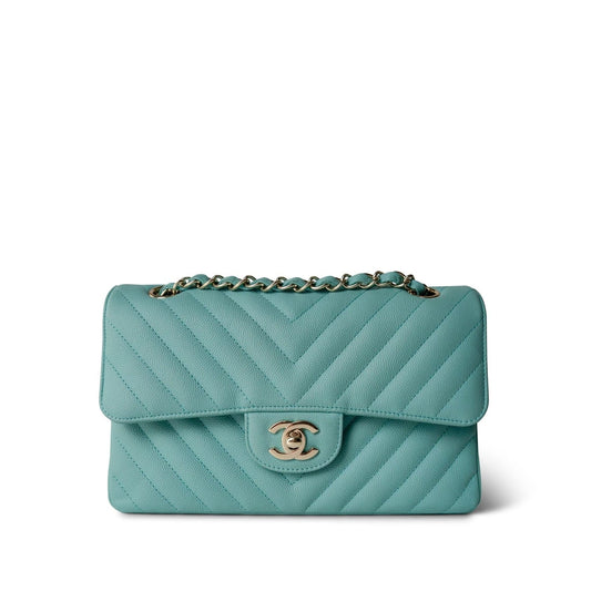 Tiffany Blue Caviar Chevron Quilted Classic Flap Small LGHW
