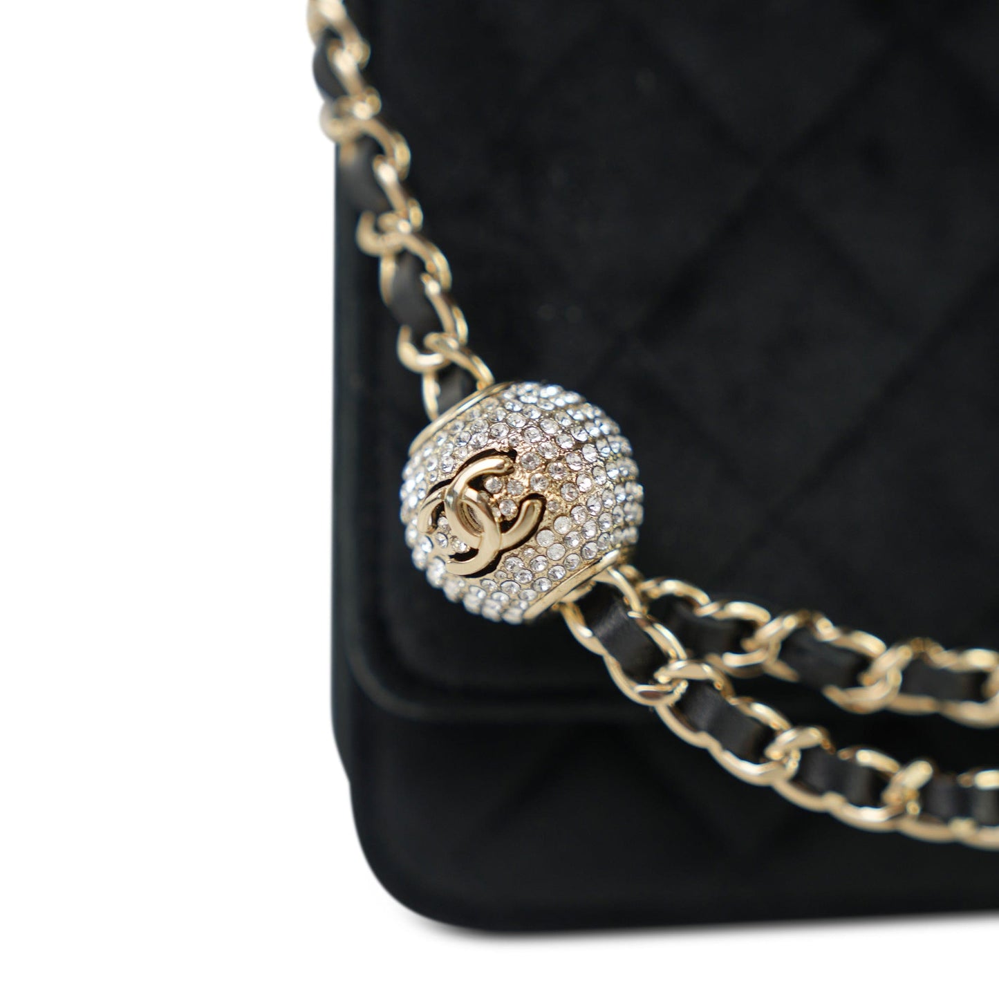 20A Black Velvet Quilted Crystal Pearl Crush Wallet On Chain WOC LGHW