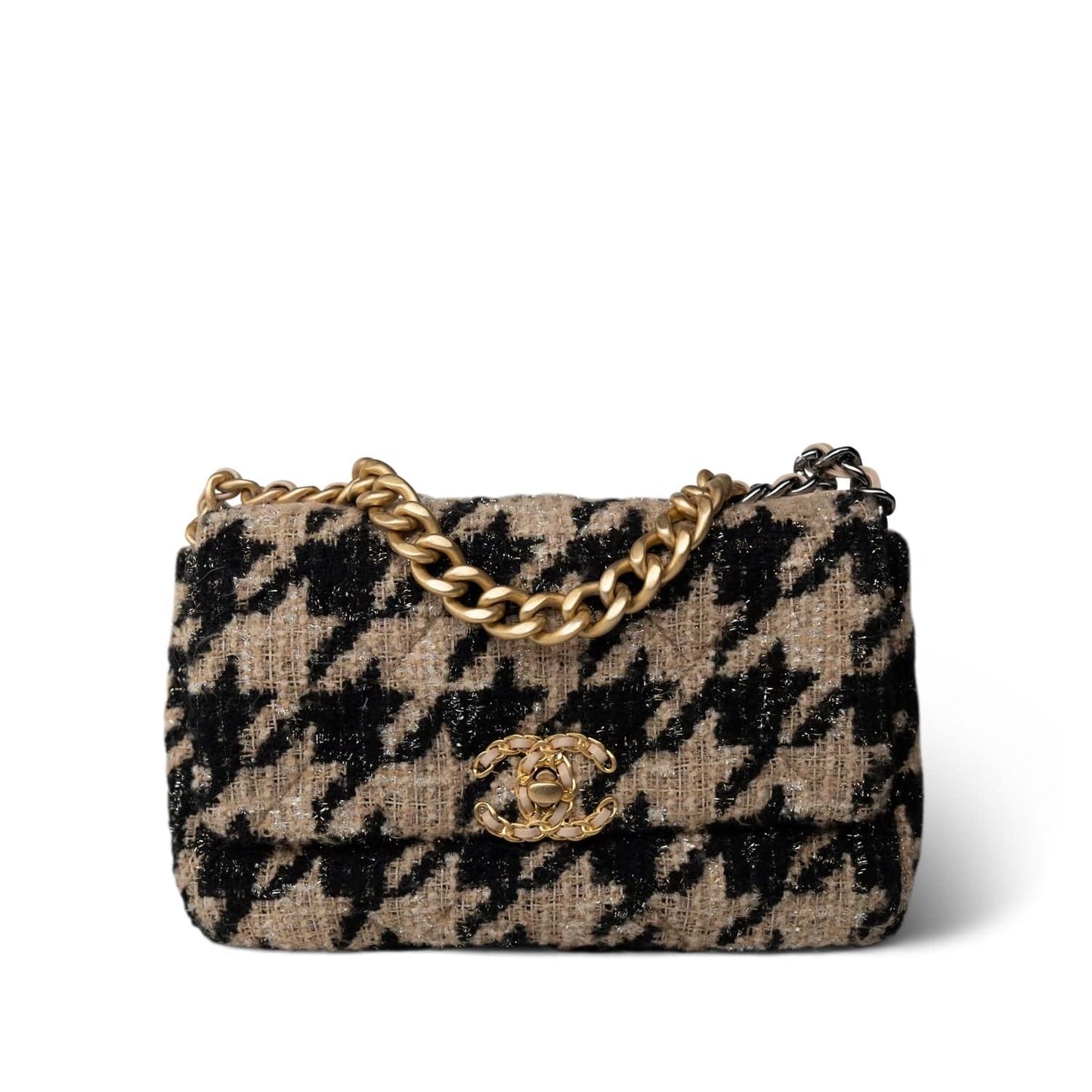 19K Beige/Black Tweed Quilted Houndstooth 19 Flap Small MHW
