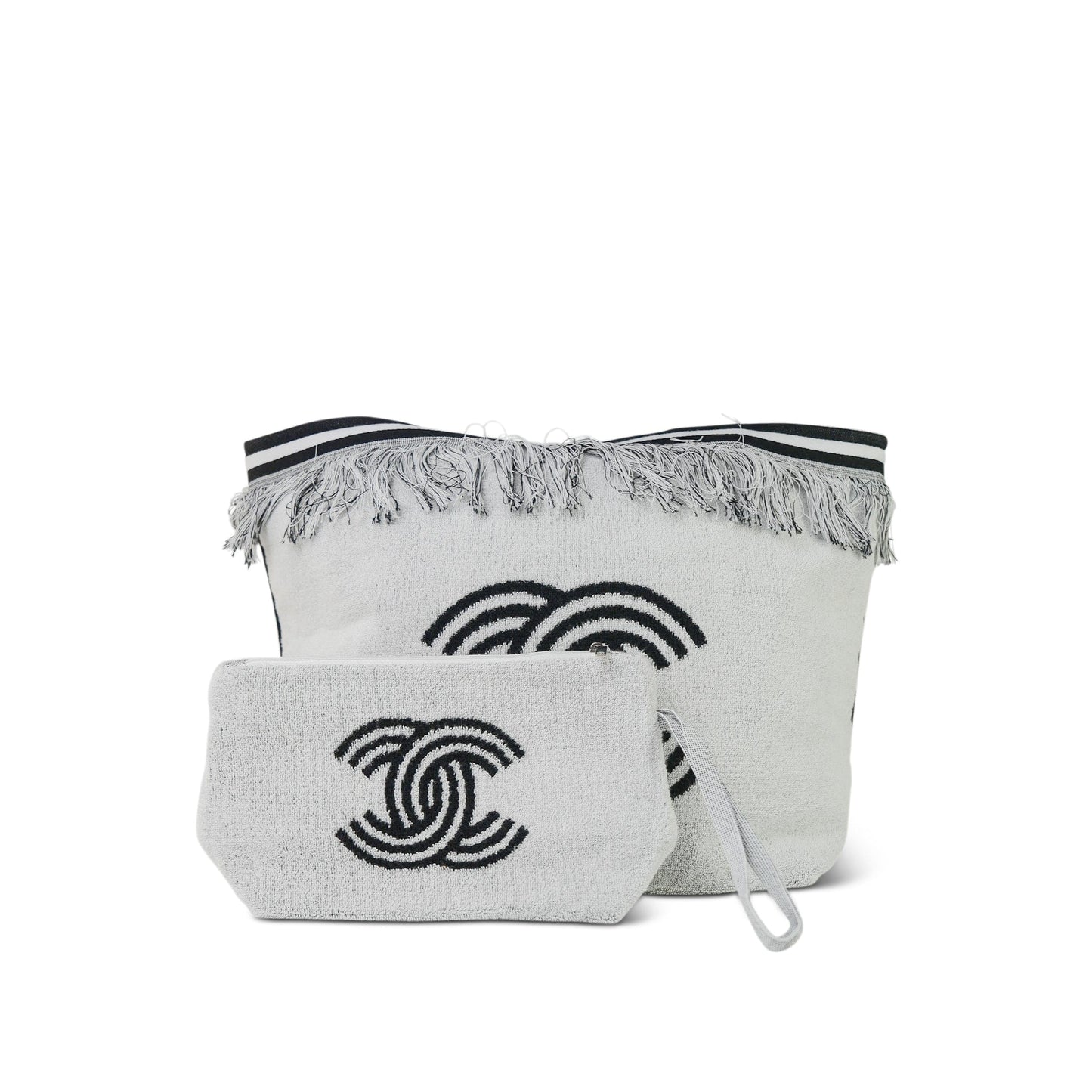 White/Black Terry Cloth Quilted CC Beach Tote with Towel Set