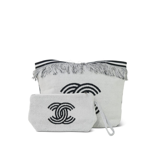 White/Black Terry Cloth Quilted CC Beach Tote with Towel Set