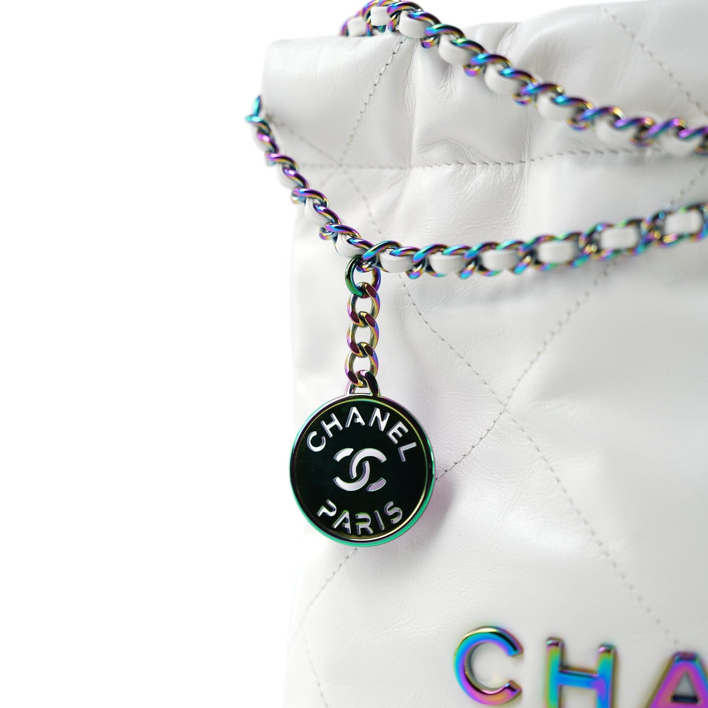 White Calfskin Quilted Mini 22 Bag Rainbow Hardware