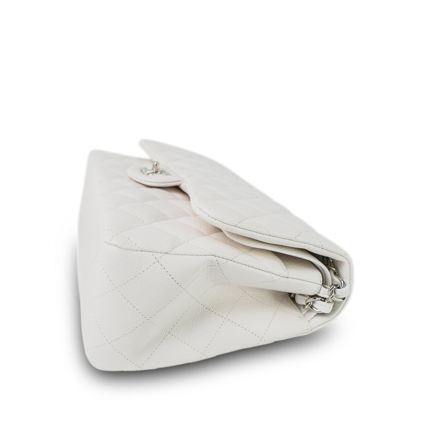 21S White Caviar Quilted Jumbo Classic Flap Silver Hardware