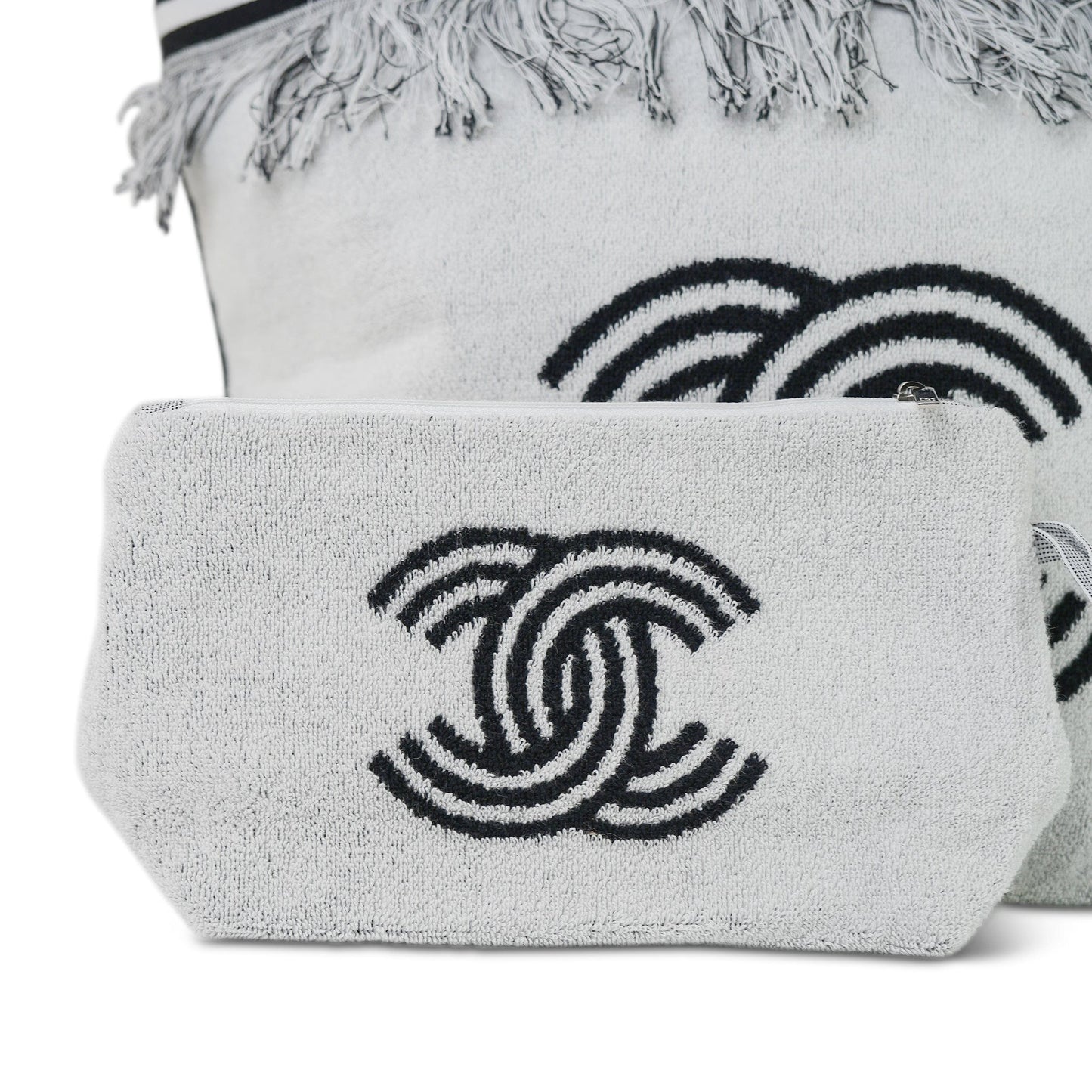 White/Black Terry Cloth Quilted CC Beach Tote with Towel Set