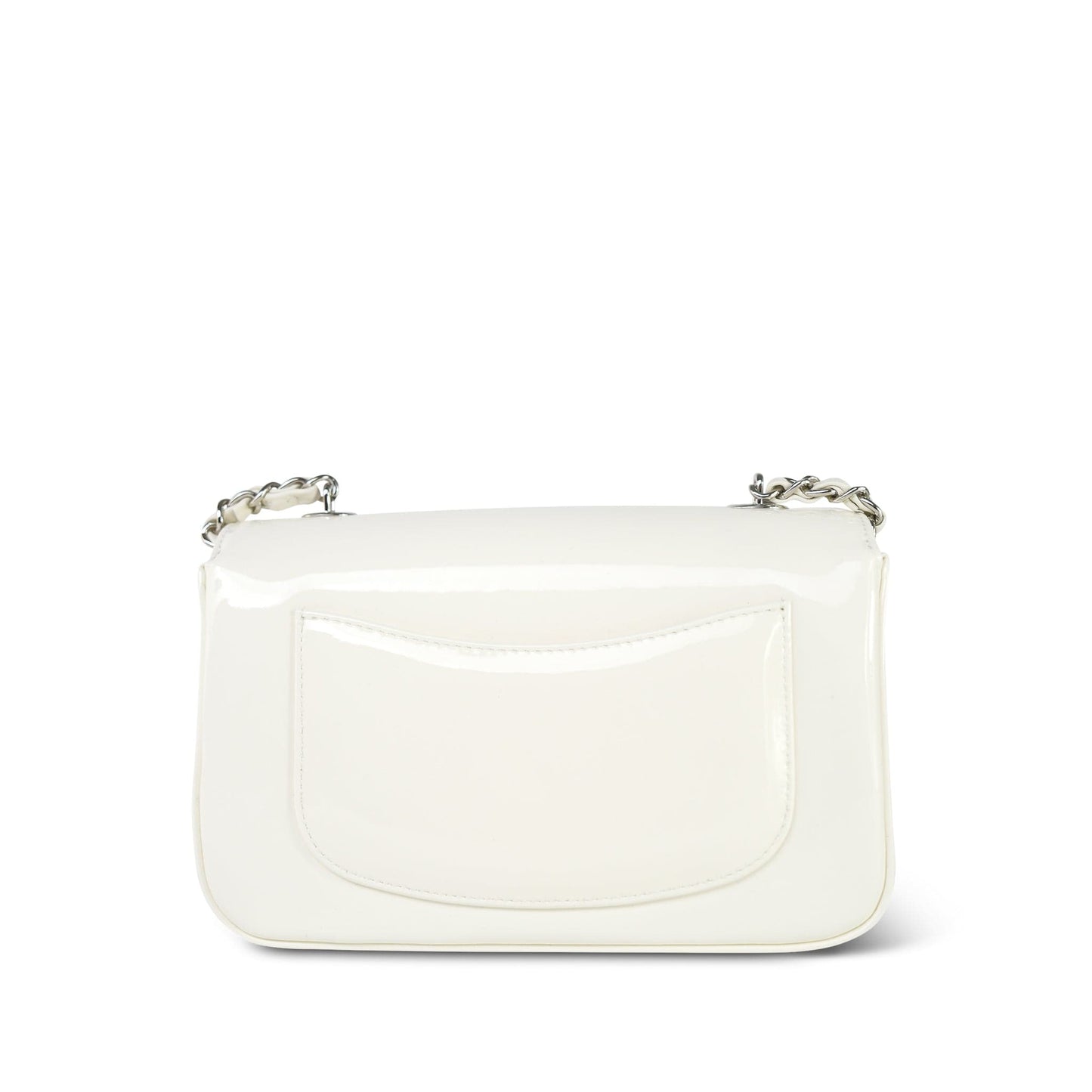 White Patent Camellia Single Flap Bag Silver Hardware