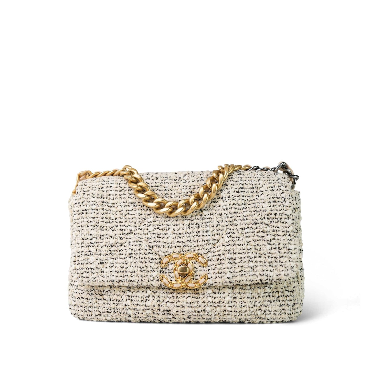 21S Ecru Black & White Tweed Quilted Small 19 Flap Mixed Hardware