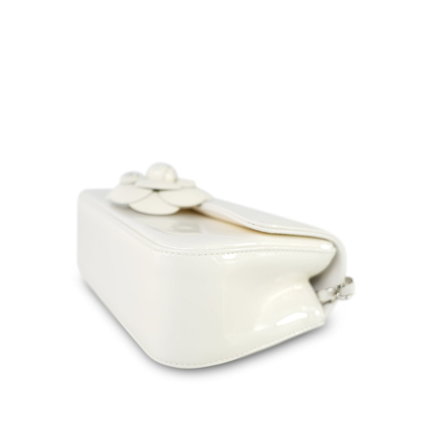 White Patent Camellia Single Flap Bag Silver Hardware