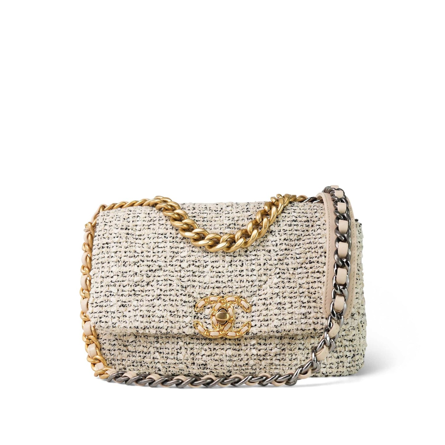 21S Ecru Black & White Tweed Quilted Small 19 Flap Mixed Hardware