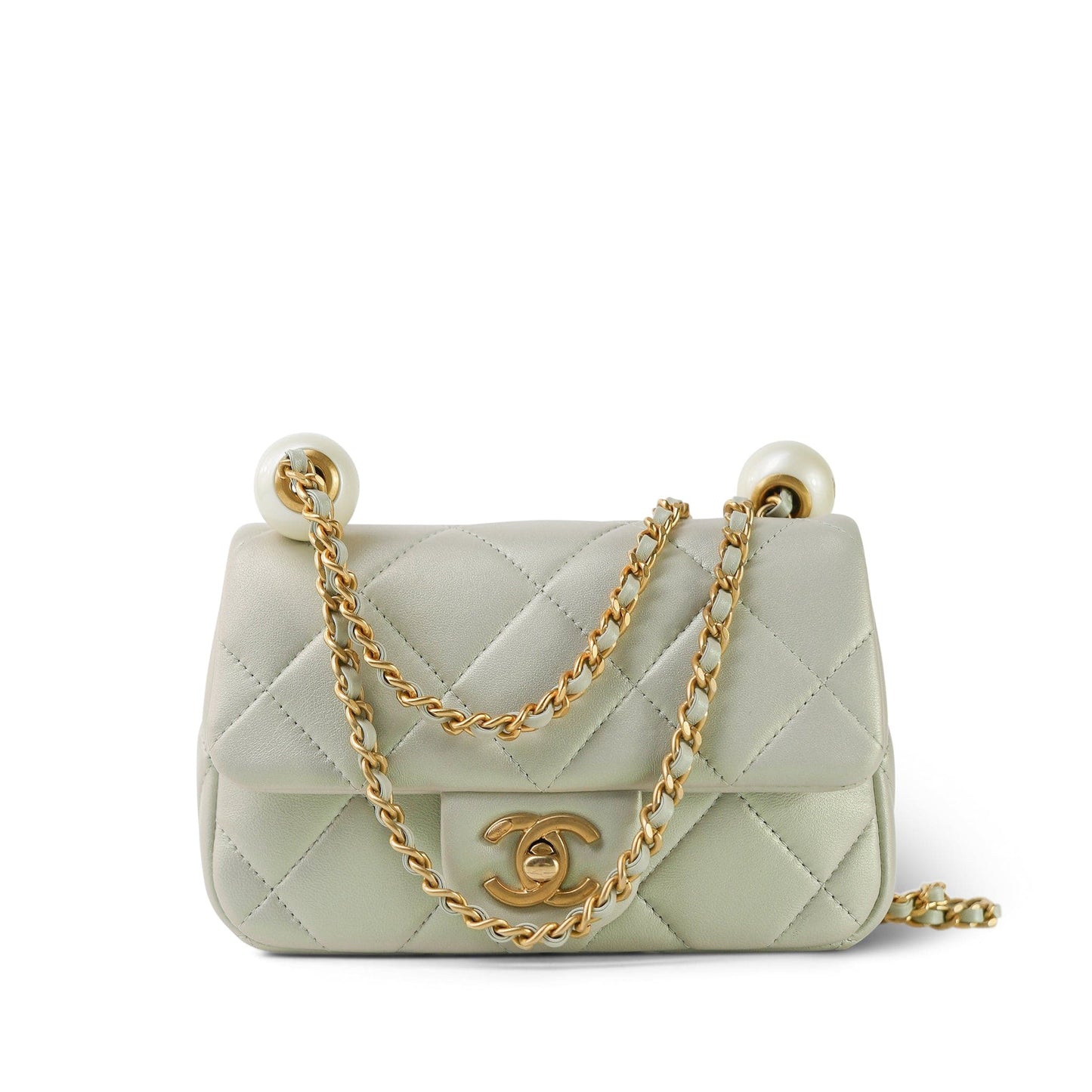 White Pearly/Iridescent Mini Pearl Flap Aged Gold Hardware