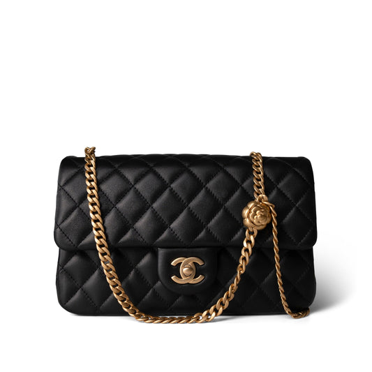 Sweet Camelia Single Flap Black Lambskin Quilted Aged GHW