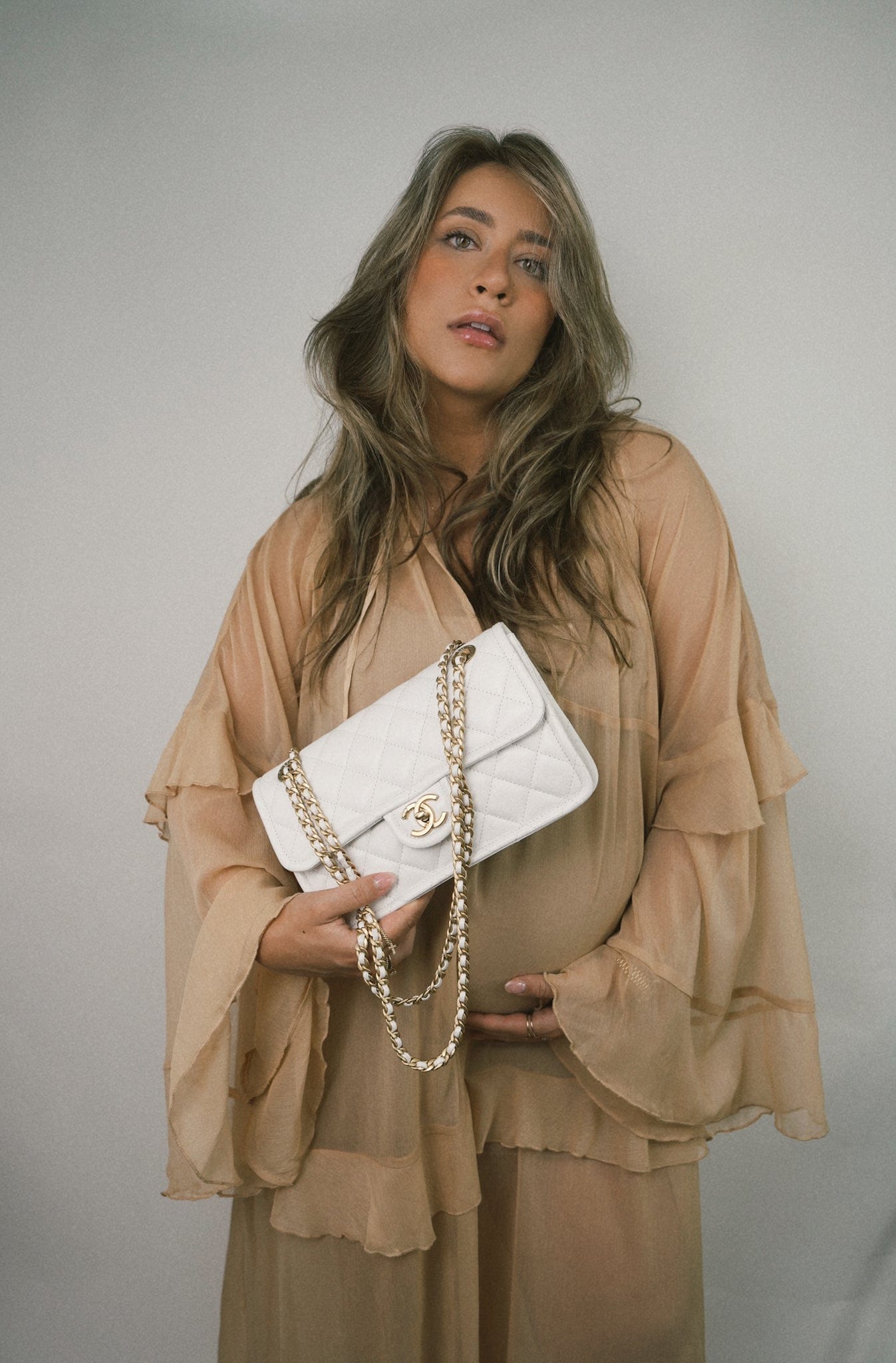 21P White Caviar Quilted Sweet Single Flap Bag Aged Gold Hardware