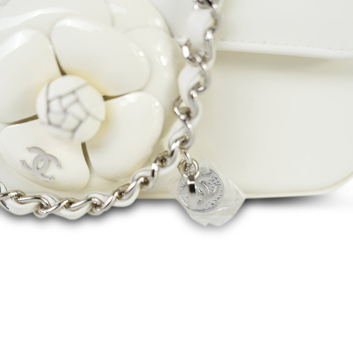 White Patent Camellia Single Flap Bag Silver Hardware