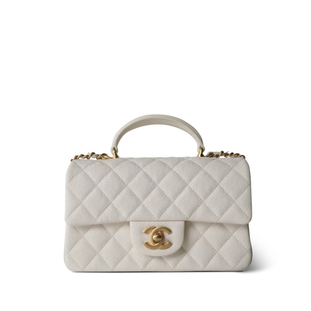 21S White / Ivory Caviar Quilted Mini Top Handle Aged Gold Hardware