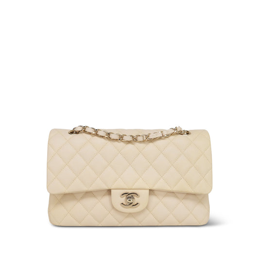 20C Beige/Ivory Caviar Quilted Classic Flap Medium LGHW
