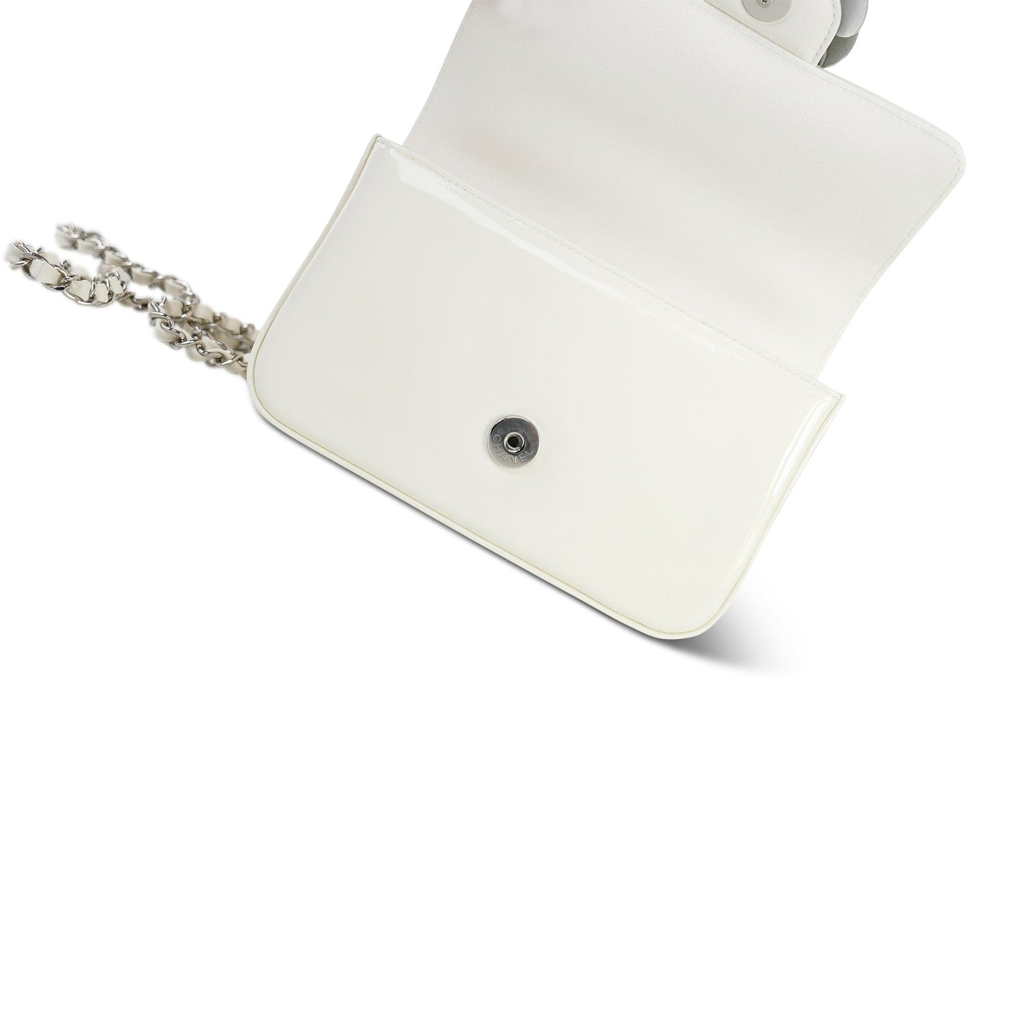 White Patent Camellia Single Flap Bag Silver Hardware