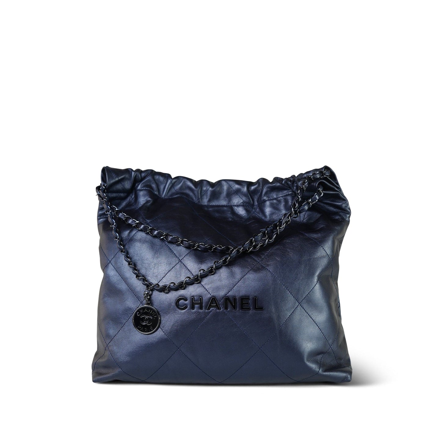 22A Metallic Navy Calfskin Quilted 22 Medium Hobo Bag