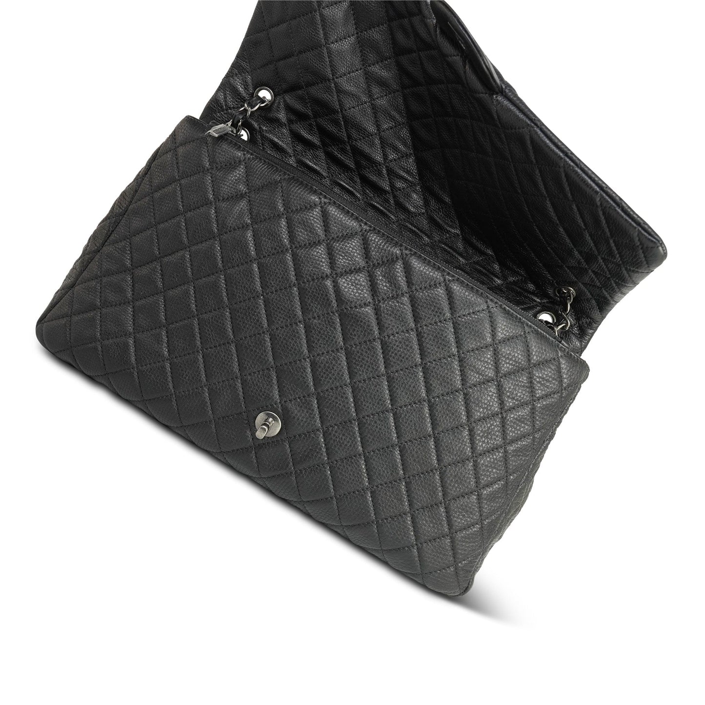 20A Black Grained Calfskin XXL Travel Flap Bag Ruthenium Hardware