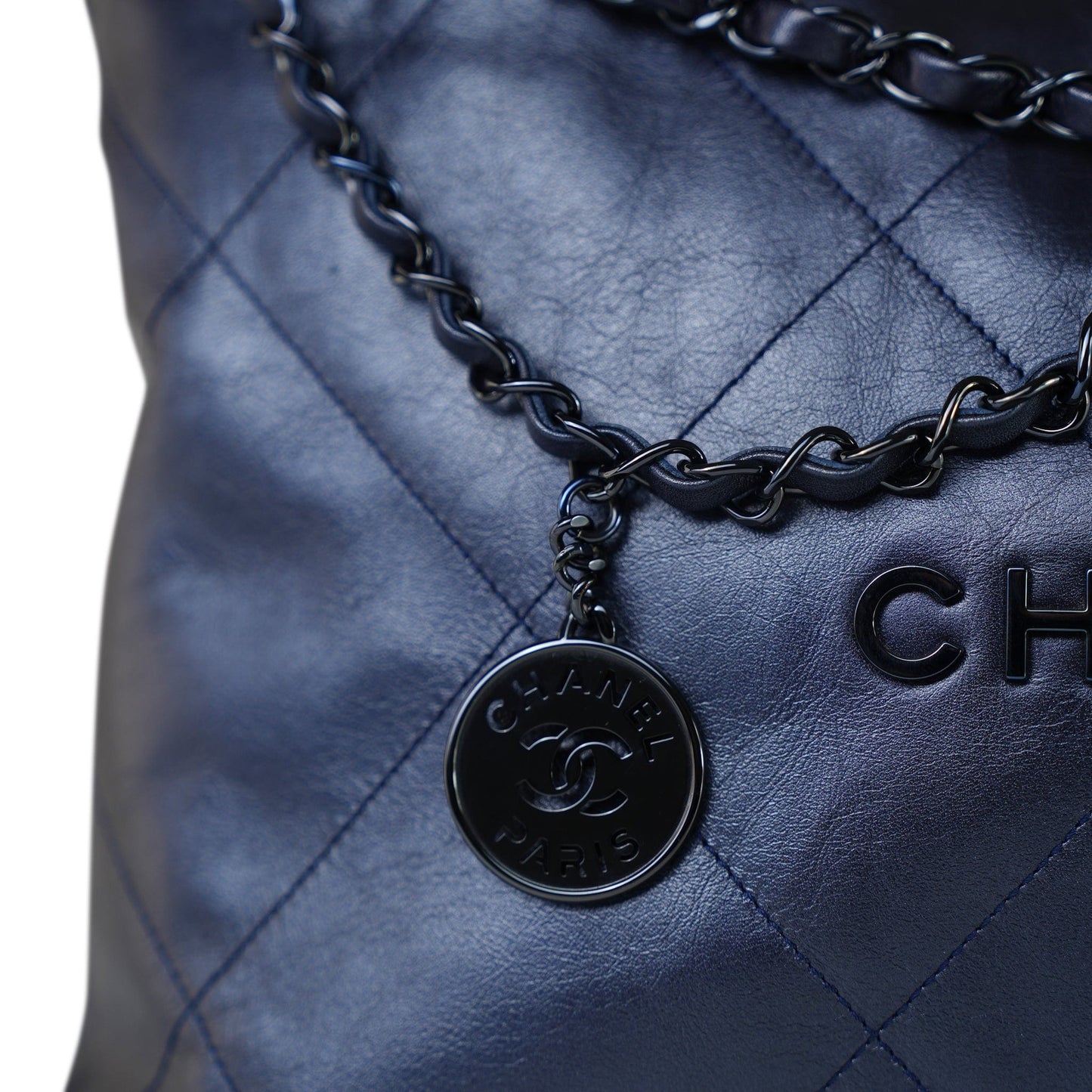 22A Metallic Navy Calfskin Quilted 22 Medium Hobo Bag