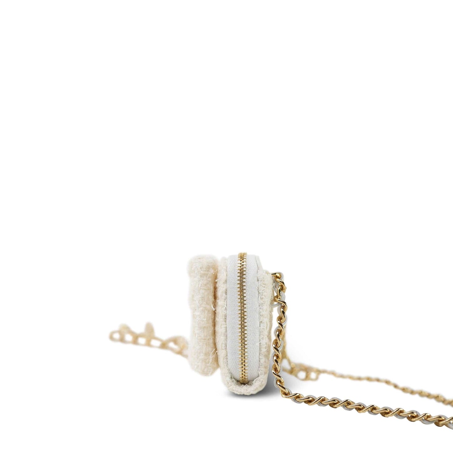 White Tweed Quilted Bow Card Holder On Chain Light Gold Hardware