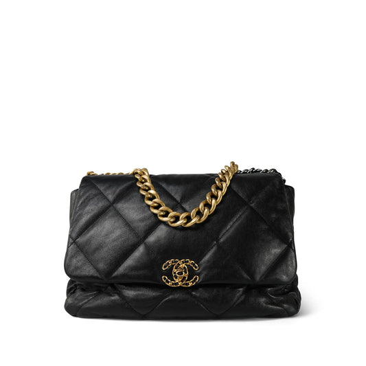 20S Black Goatskin Quilted Maxi 19 Flap Mixed Hardware
