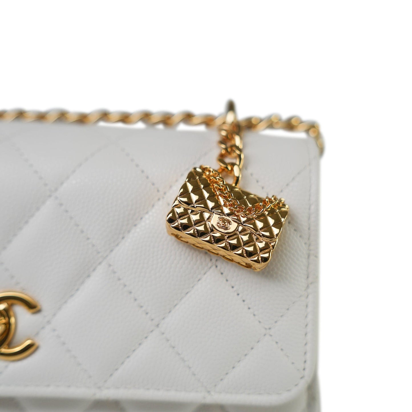 White Caviar Quilted Flap Charm Wallet On Chain WOC Gold Hardware