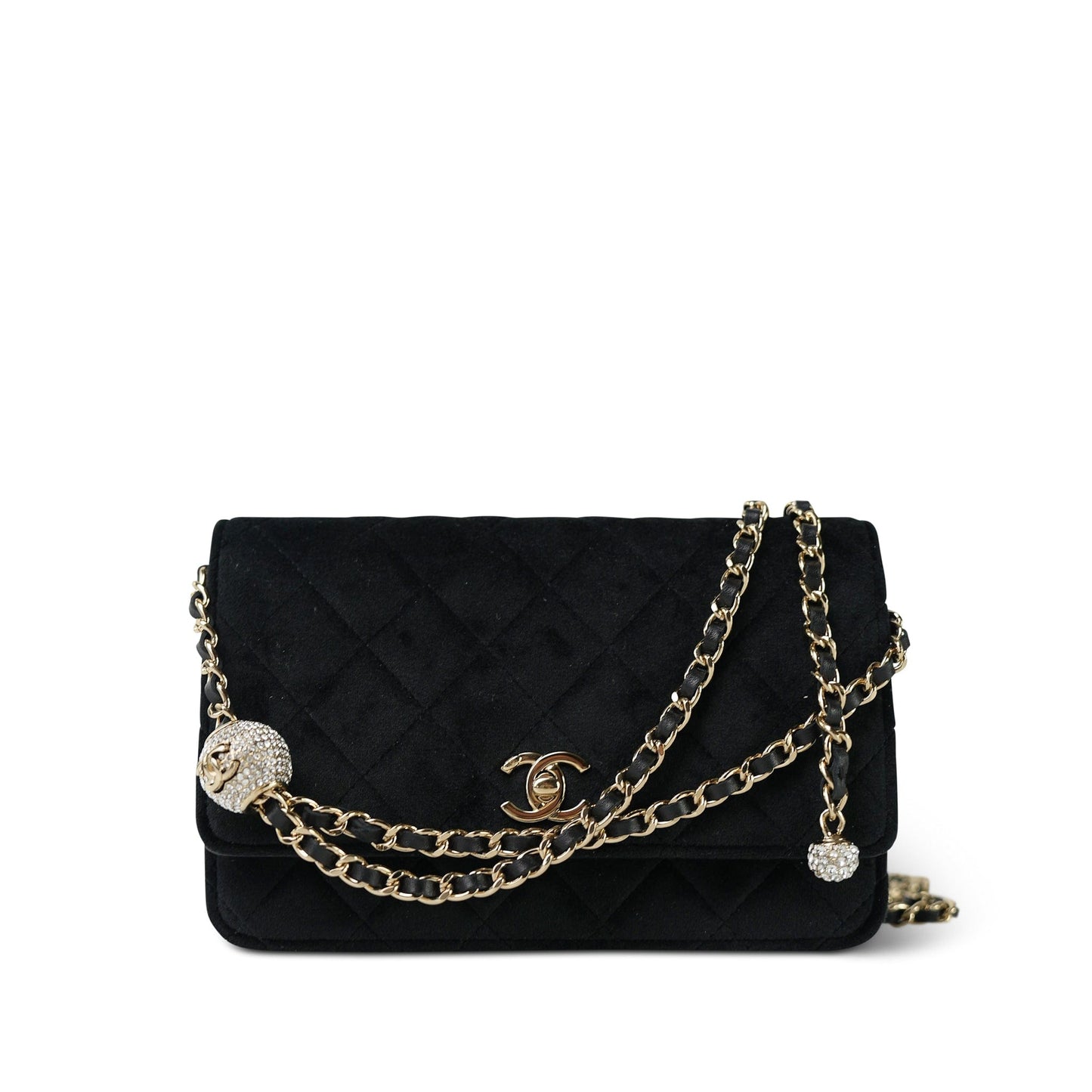 20A Black Velvet Quilted Crystal Pearl Crush Wallet On Chain WOC LGHW
