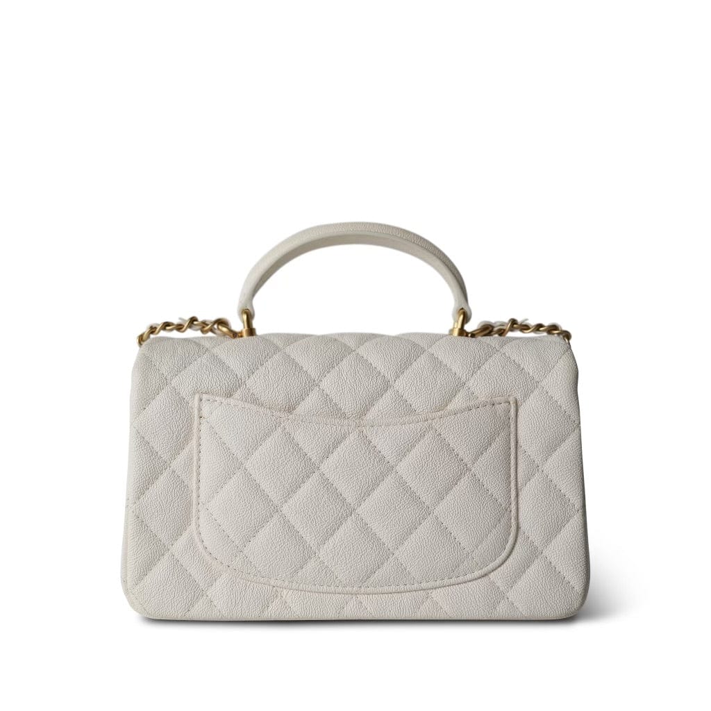 21S White / Ivory Caviar Quilted Mini Top Handle Aged Gold Hardware