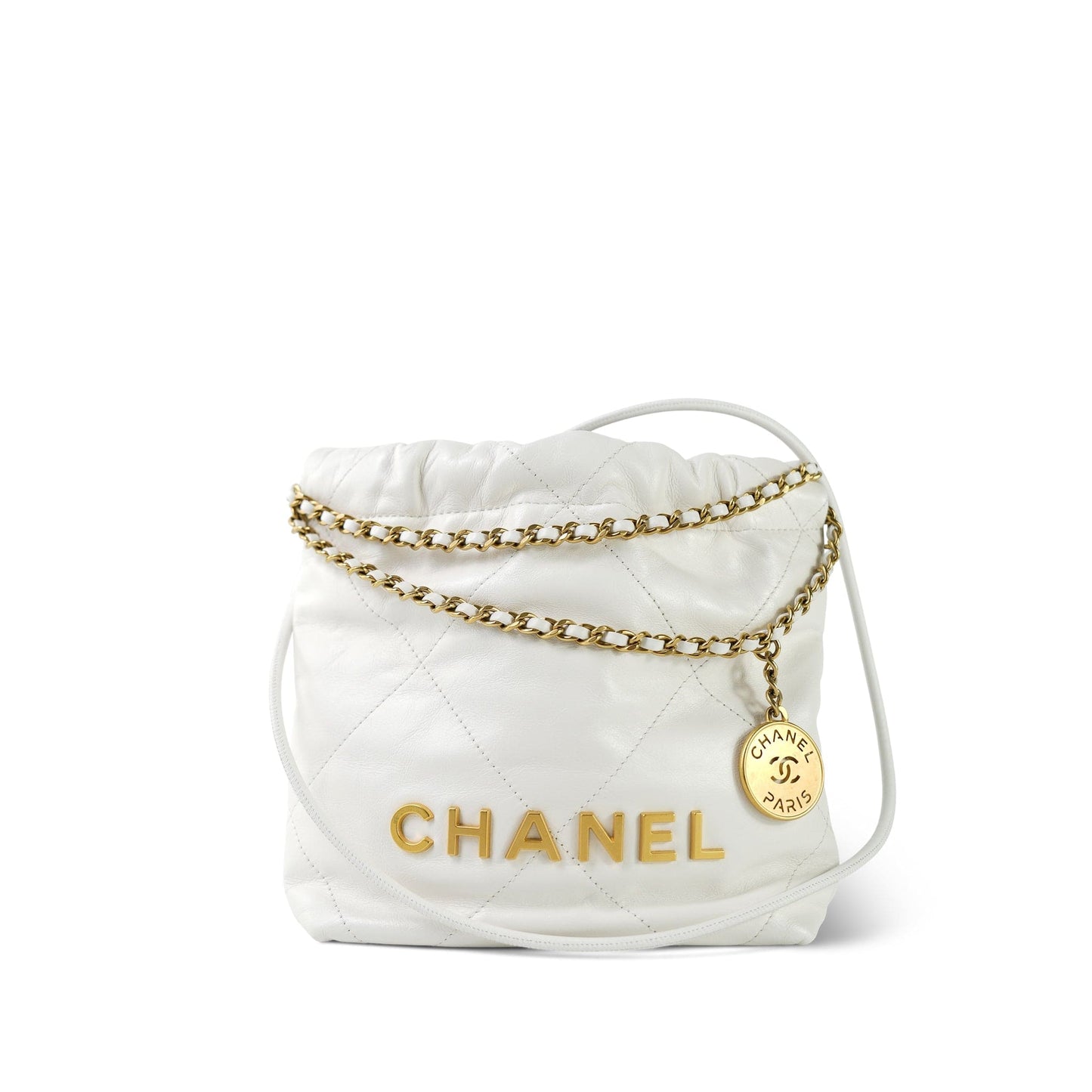 White Calfskin Quilted Mini 22 Bag Aged Gold Hardware