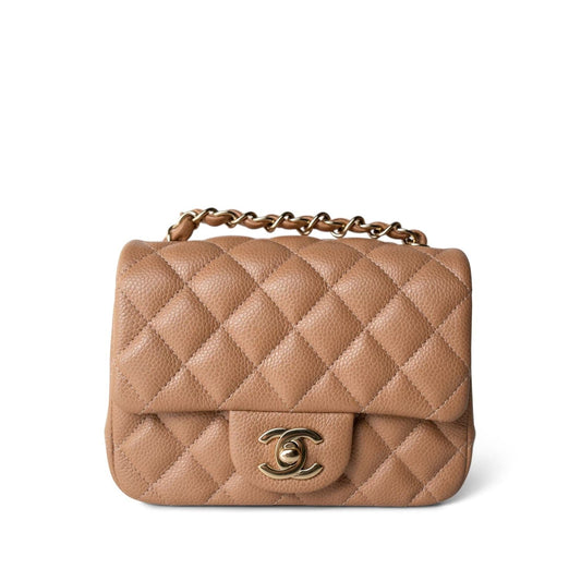 18S Beige Caviar Quilted Mini Square Flap Light Gold Hardware
