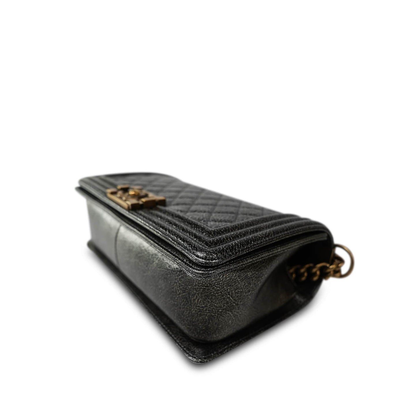 17A Black Silver Metallic Cracked Calfskin Boy Bag Old Medium Aged Bronze/Gold Hardware