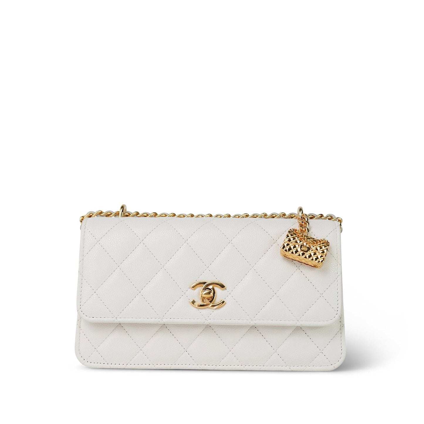 White Caviar Quilted Flap Charm Wallet On Chain WOC Gold Hardware