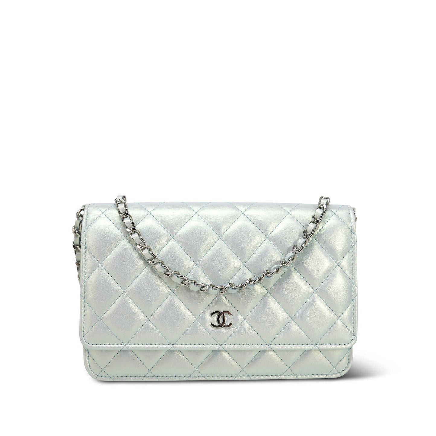 21K Light Blue/ White Iridescent Calfskin Quilted Wallet on Chain WOC Silver Hardware