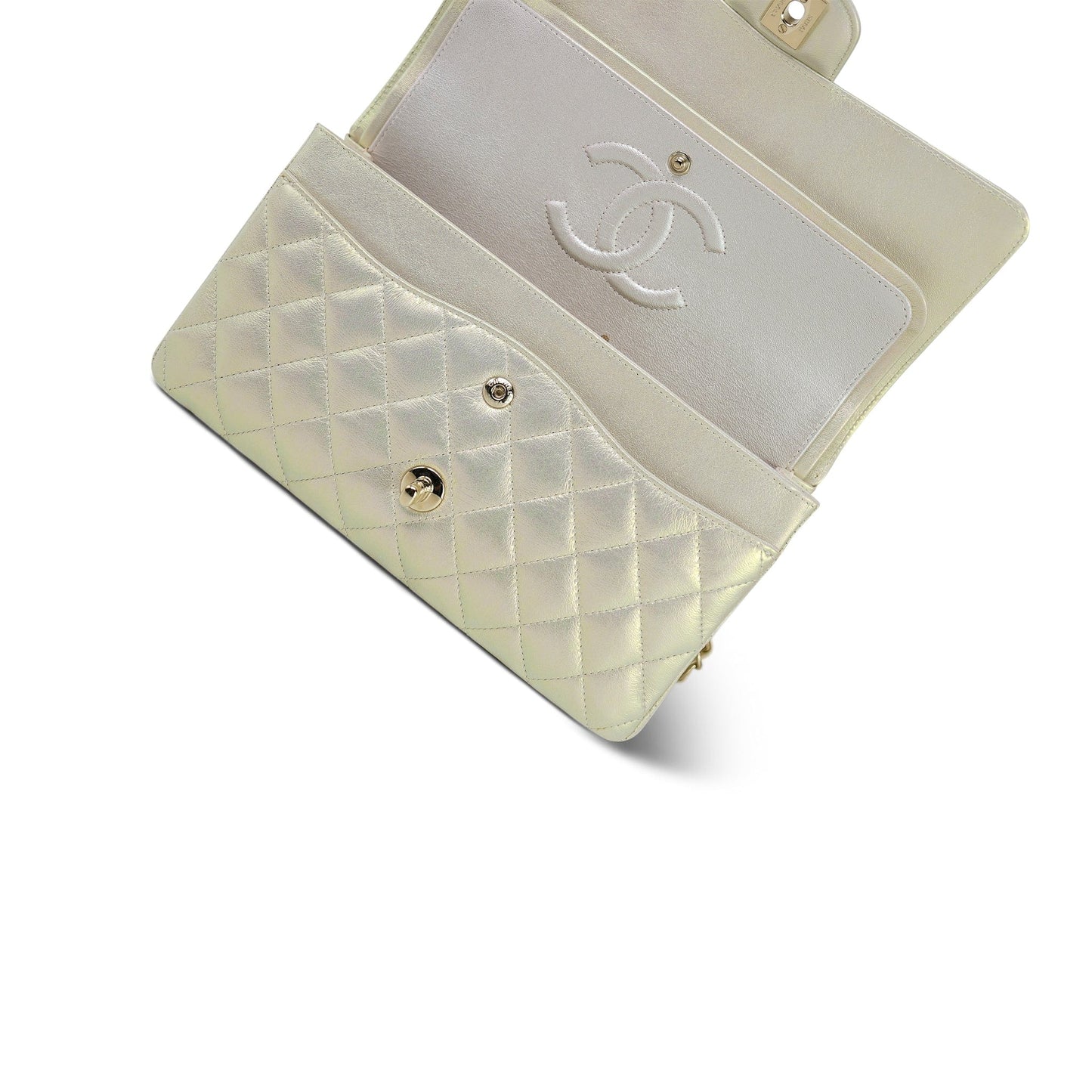 20B Iridescent White Calfskin Quilted Classic Flap Medium Light Gold Hardware