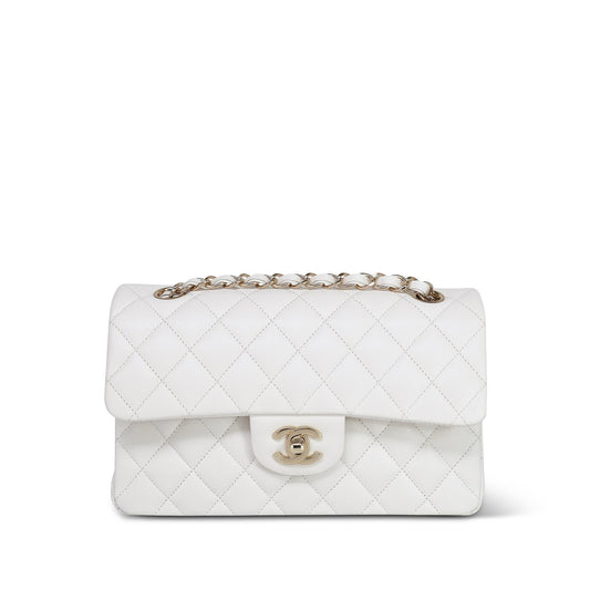 21B White Caviar Quilted Classic Flap Small Light Gold Hardware