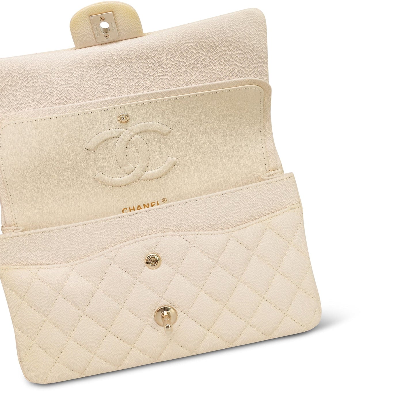 20C Beige/Ivory Caviar Quilted Classic Flap Medium LGHW
