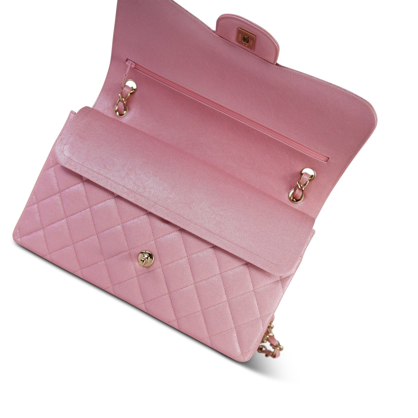 19S Iridescent Pink Caviar Quilted Jumbo Classic Flap Light Gold Hardware