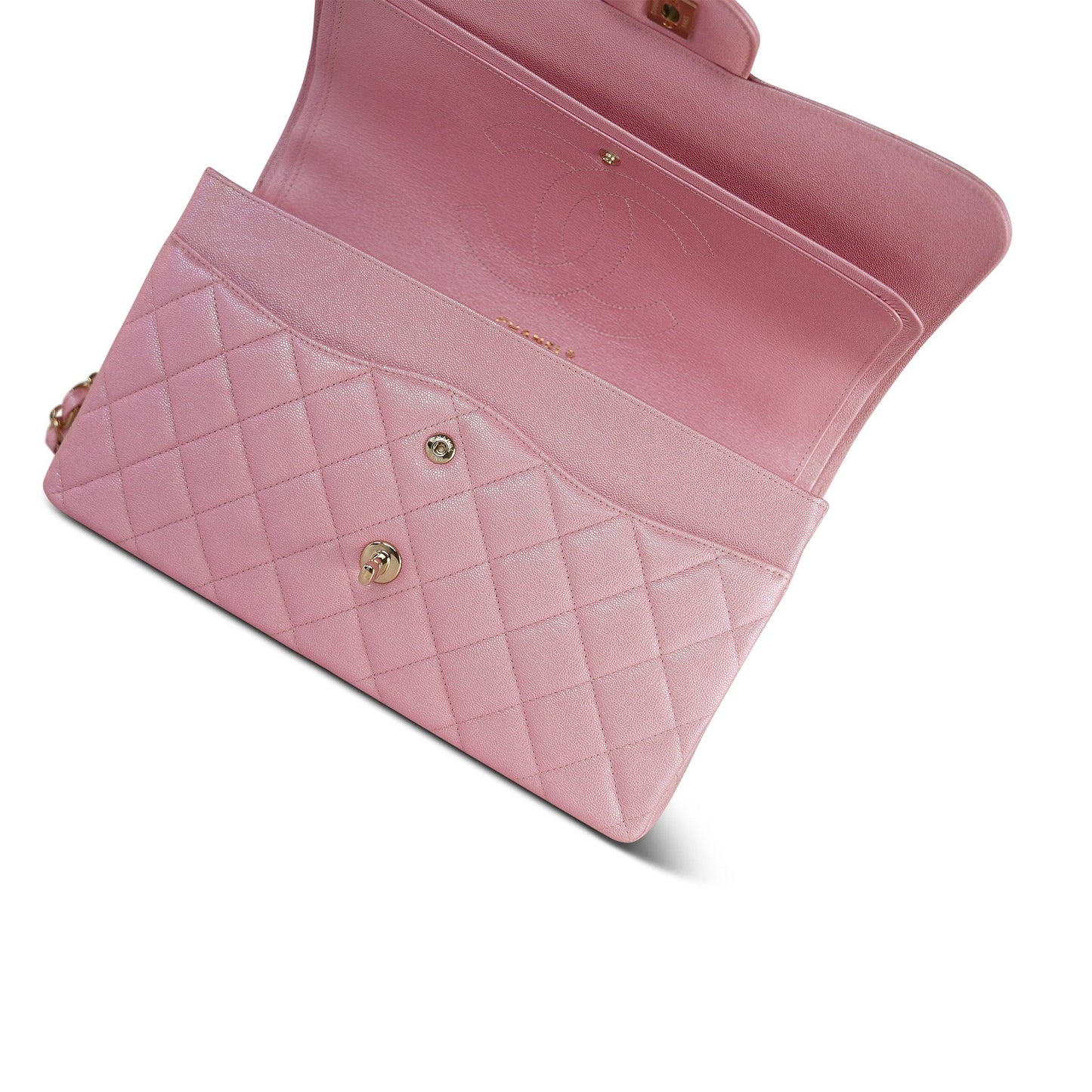 19S Iridescent Pink Caviar Quilted Jumbo Classic Flap Light Gold Hardware