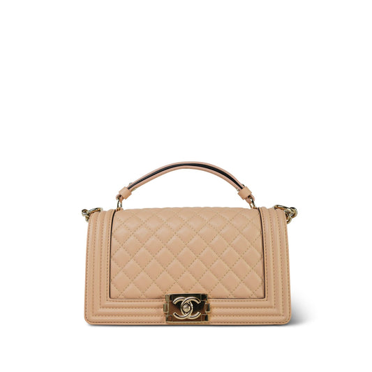 19S Beige Calfskin Quilted Top Handle Boy Bag Old Medium Light Gold Hardware