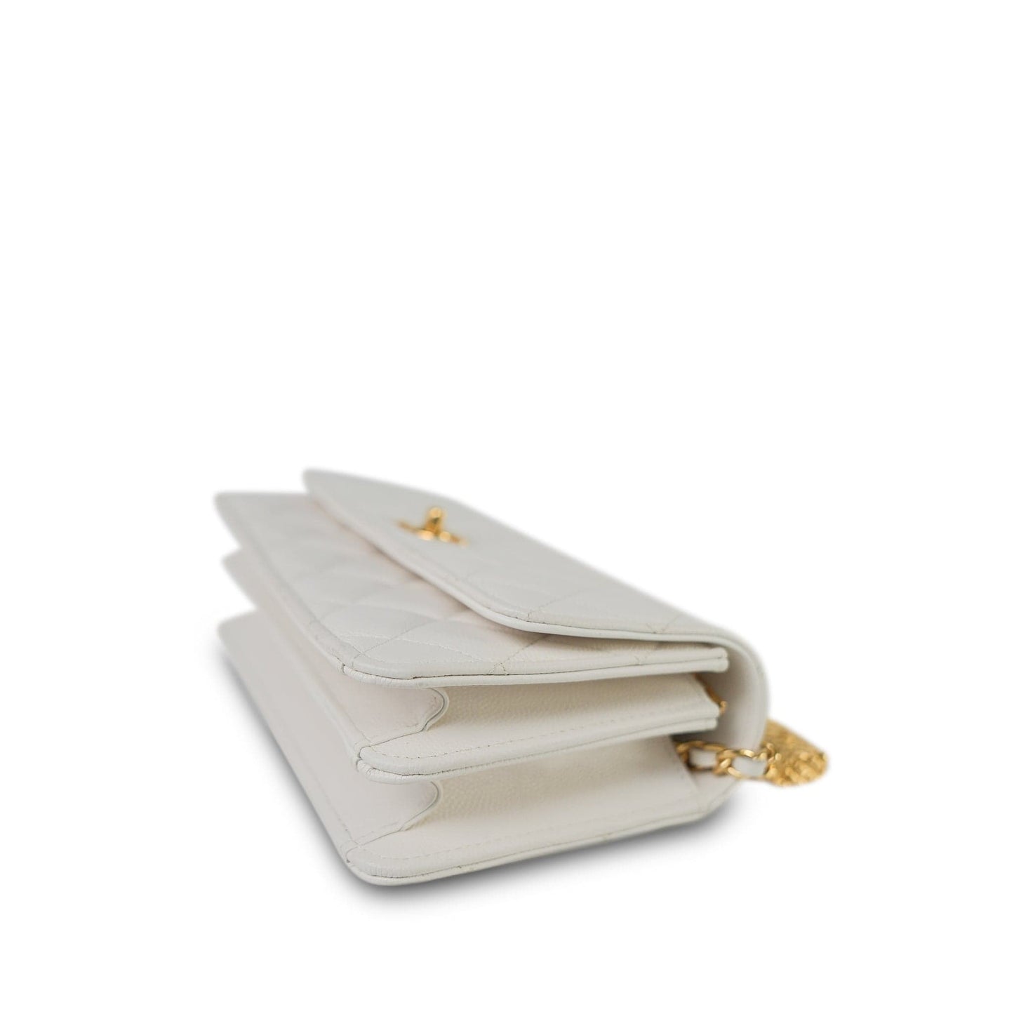 White Caviar Quilted Flap Charm Wallet On Chain WOC Gold Hardware