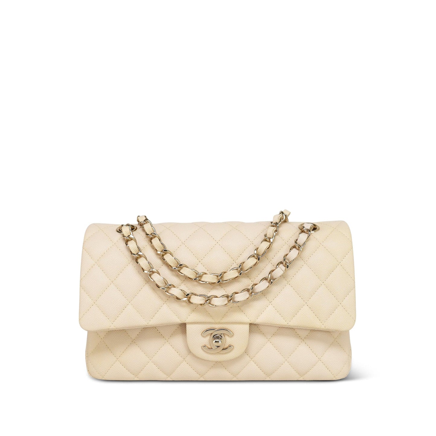 20C Beige/Ivory Caviar Quilted Classic Flap Medium LGHW