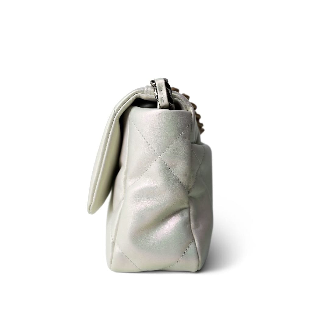 21P Iridescent White Lambskin Quilted 19 Flap Small Mixed Hardware