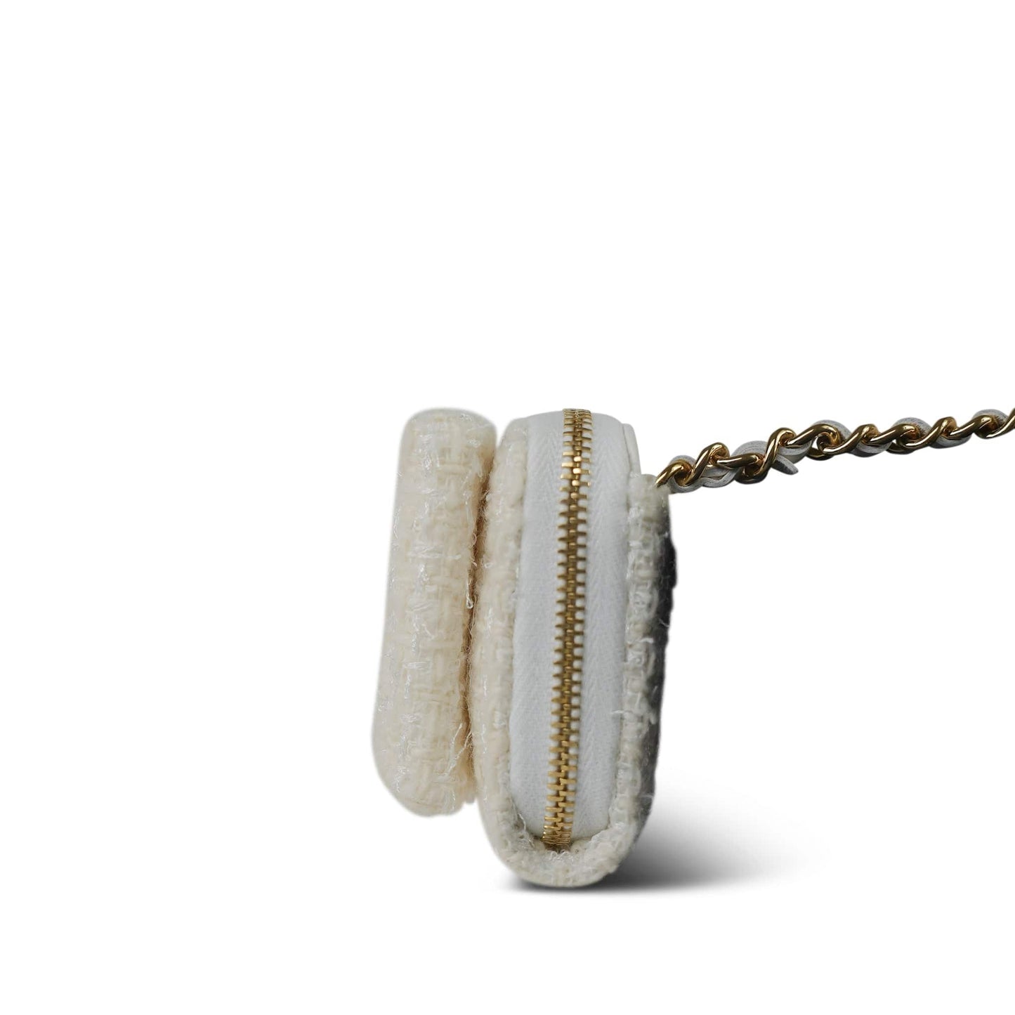 White Tweed Quilted Bow Card Holder On Chain Light Gold Hardware