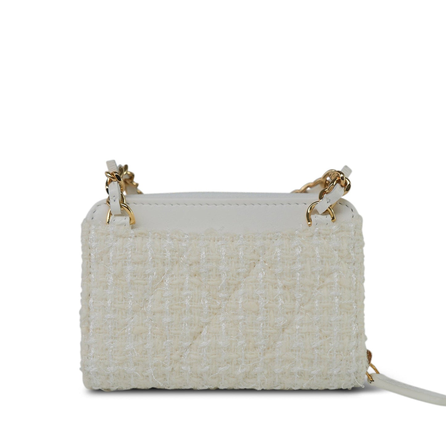 White Tweed Quilted Bow Card Holder On Chain Light Gold Hardware