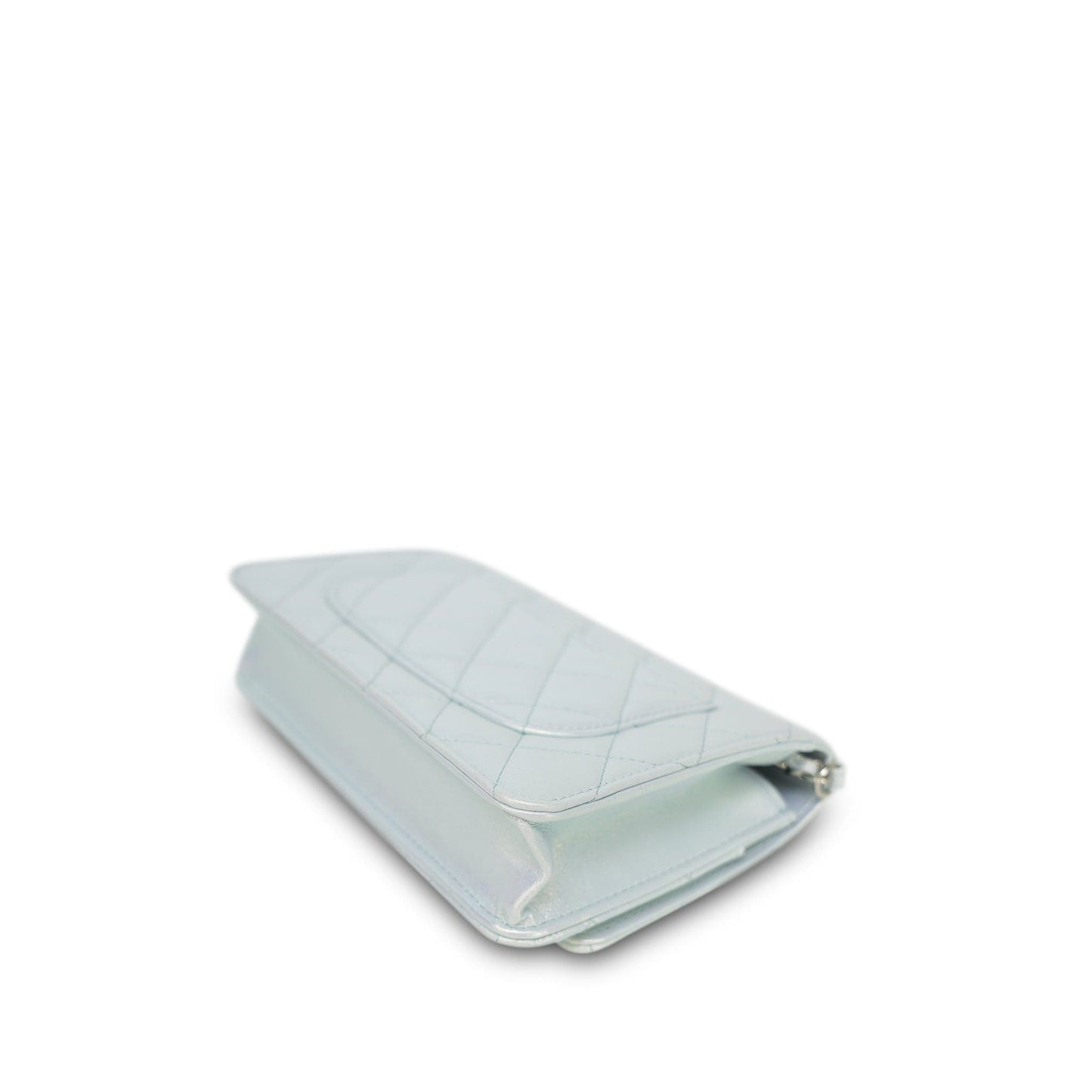 21K Light Blue/ White Iridescent Calfskin Quilted Wallet on Chain WOC Silver Hardware