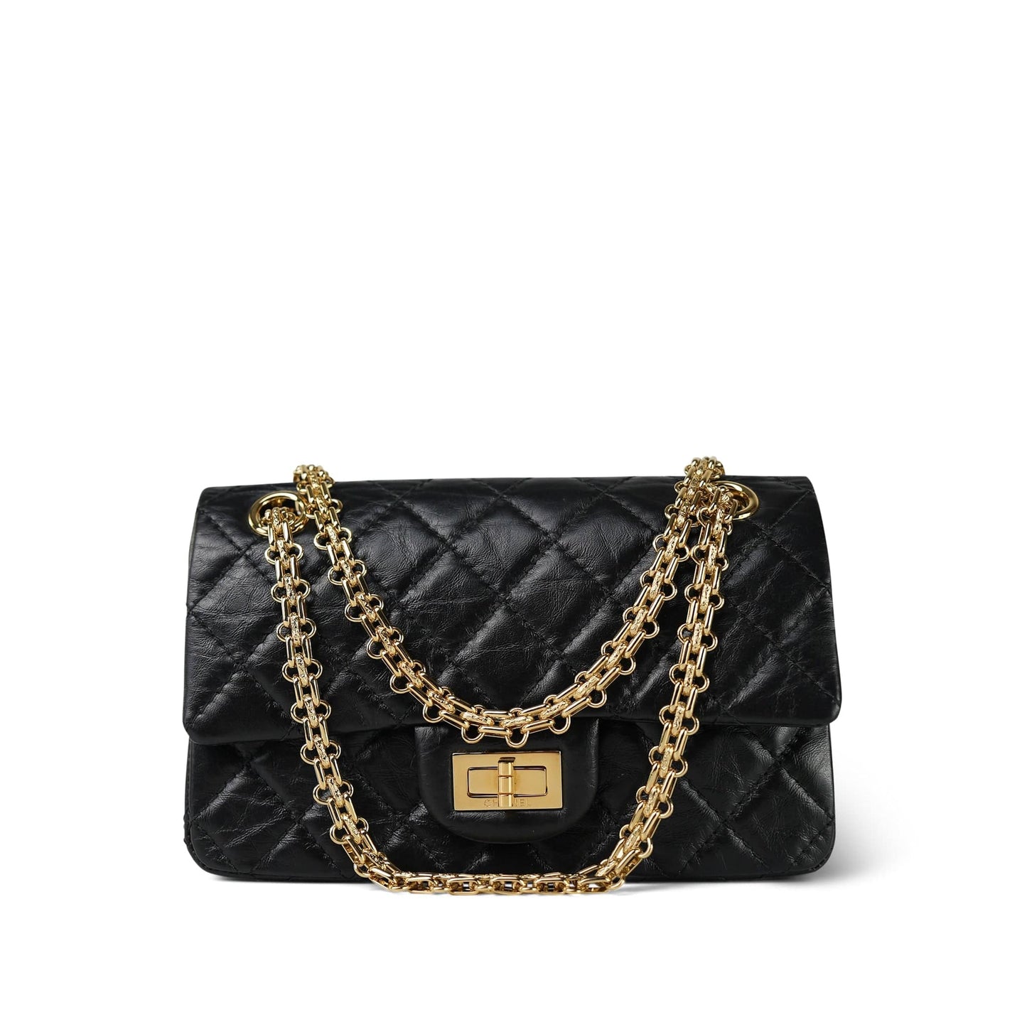 19A Black Aged Calfskin Quilted Mini Reissue 2.55 Flap Gold Hardware Light gold