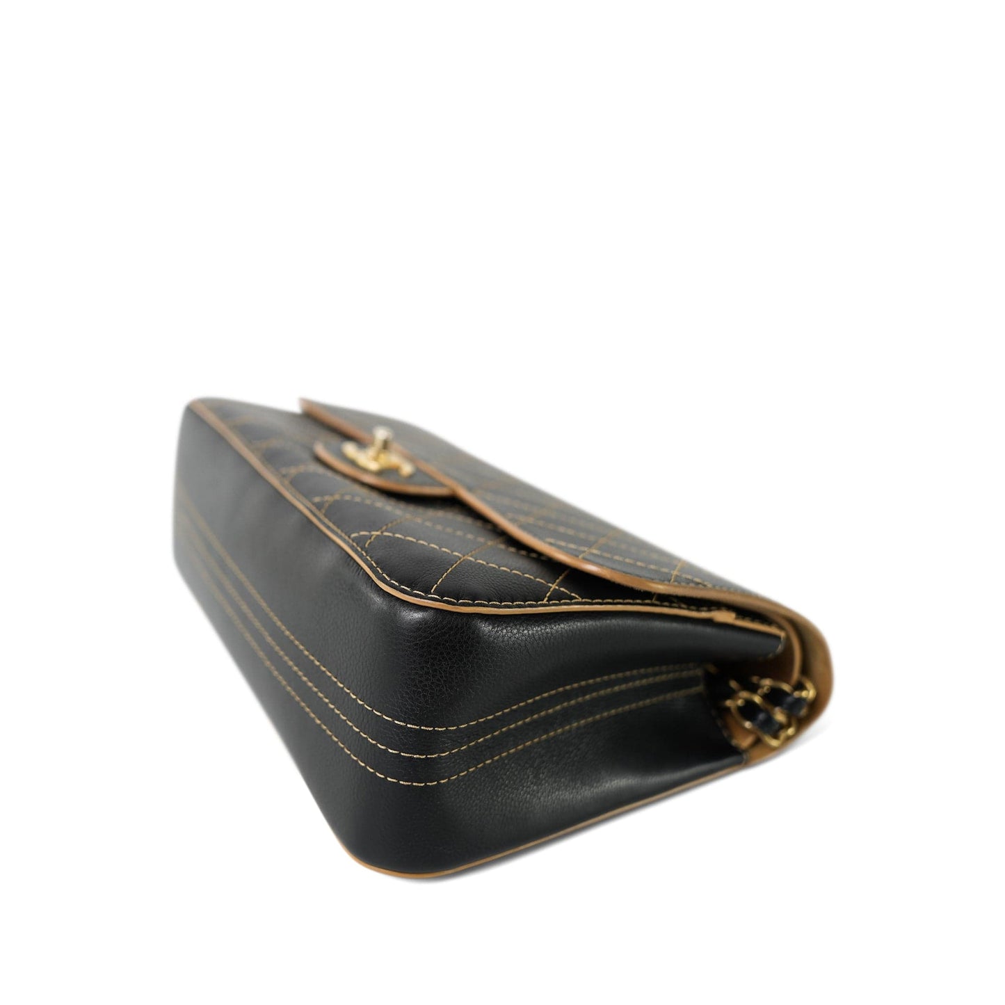 17B Black Calfskin / Tan Suede Wild Stitch Double Flap Jumbo Flap Aged Gold Hardware